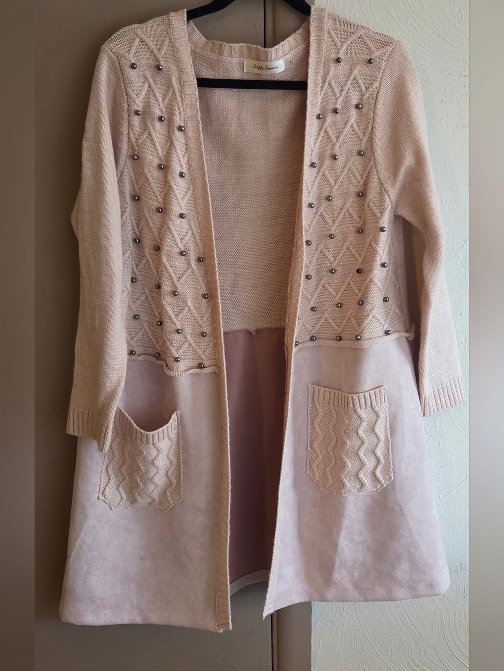 Simply Couture Pink Embellished Open Cardigan Sweater, Large